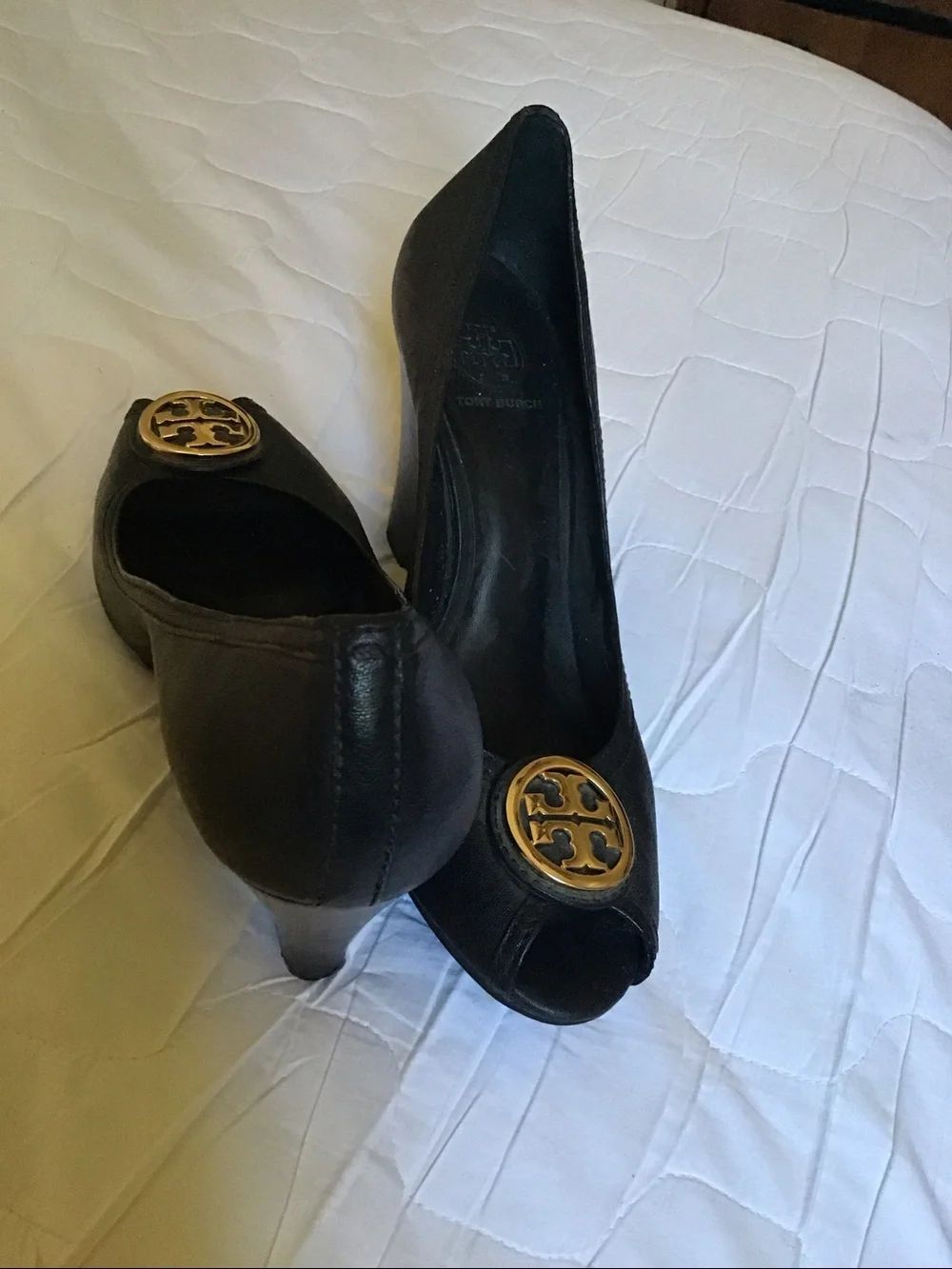 Tory Burch Black Peep-Toe Flats with Gold Logo